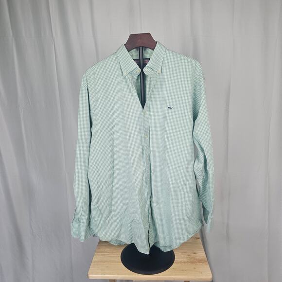 Vineyard Vines Green Check Whale Shirt L 100% Cotton Button Up Performance - Picture 1 of 4